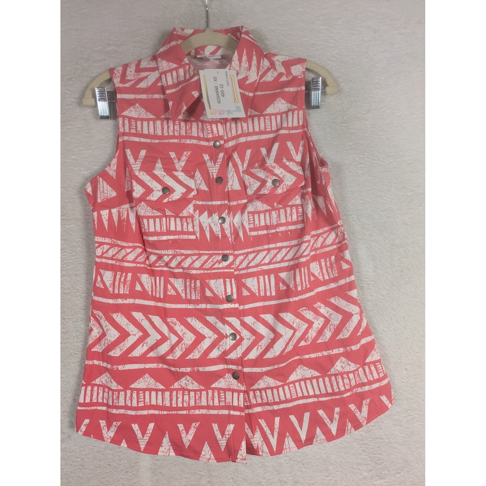 NEW LuLaRoe Roxanne Top Women's XS Coral Pink Geometric Sleeveless Snap Front